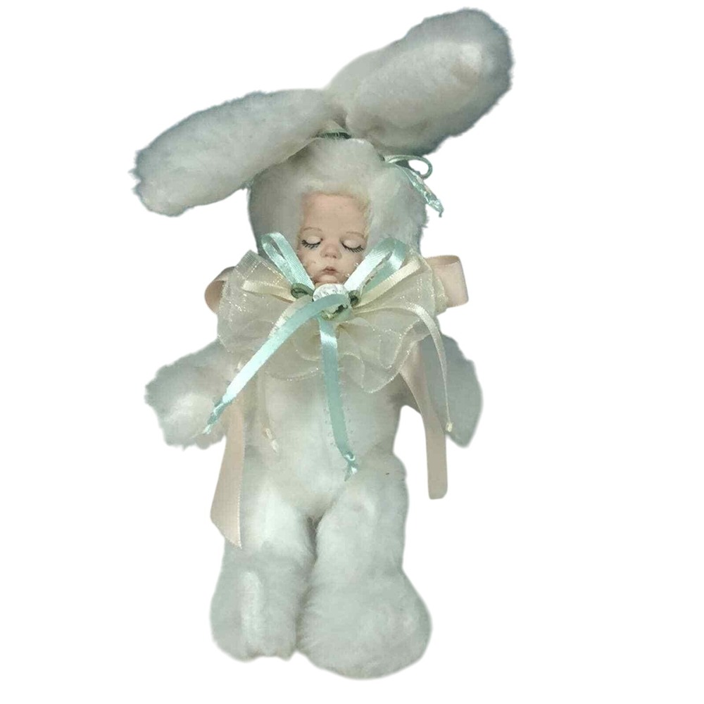 8"‎ Antique Baby Bunny White Easter Rabbit Plush Doll Porcelain face jointed